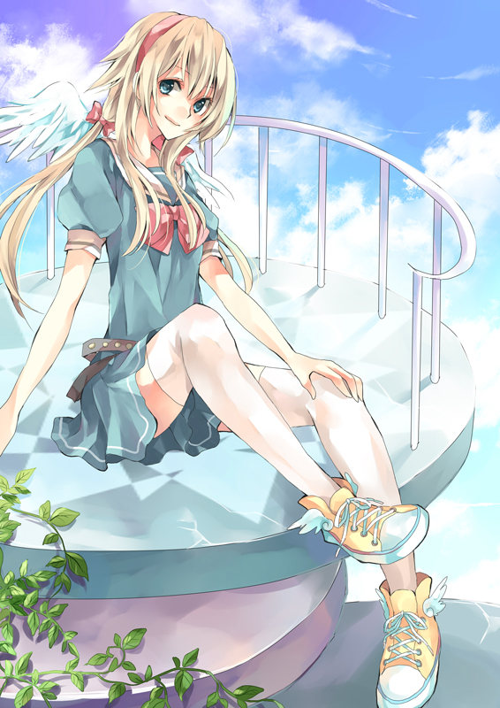 karu, yuzuki karu, converse, original, bad id, bad pixiv id, angel, blonde hair, blue eyes, legs, shoes, sitting, sneakers, solo, thighhighs, twintails, wings