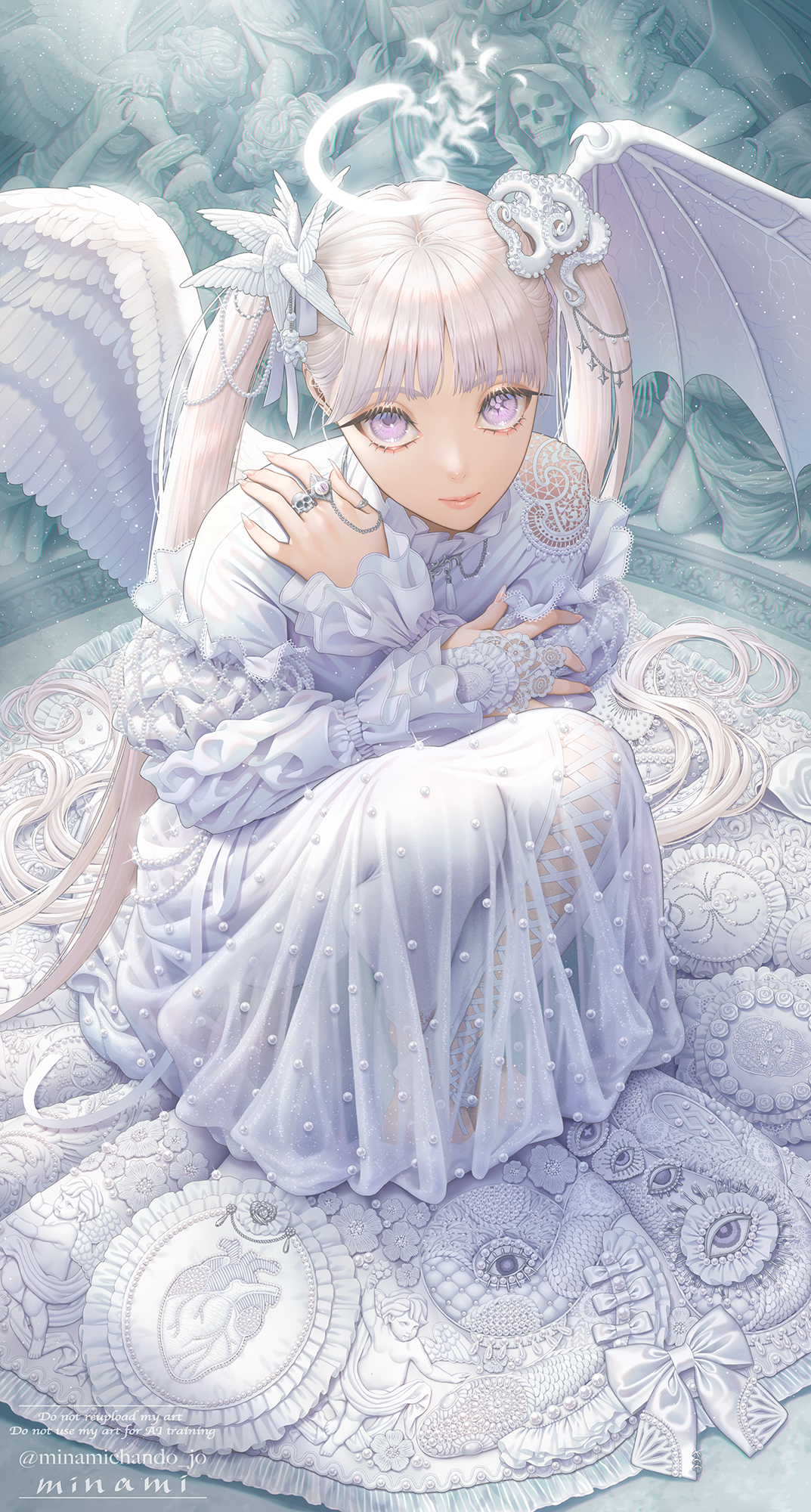 minami (minami373916), original, commentary, highres, 1girl, angel wings, artist name, asymmetrical wings, closed mouth, demon wings, dress, frilled dress, frills, full body, gem, halo, jewelry, lace, lace-trimmed dress, lace trim, long dress, long hair, looking at viewer, mismatched pupils, mismatched wings, multiple rings, pearl (gemstone), purple eyes, ring, solo, squatting, tentacle hair ornament, twintails, very long hair, white dress, white wings, wings