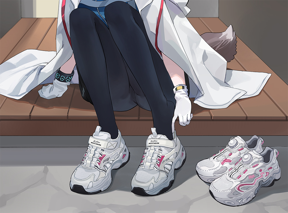 chuck (harfmoondark), sussurro (arknights), arknights, commentary request, adjusting footwear, black pantyhose, cloak, feet, foot focus, footwear focus, fox tail, gloves, open cloak, open clothes, pantyhose, shoes, sitting, sitting on stairs, sneakers, stairs, tail, unworn shoes, white gloves, white shoes