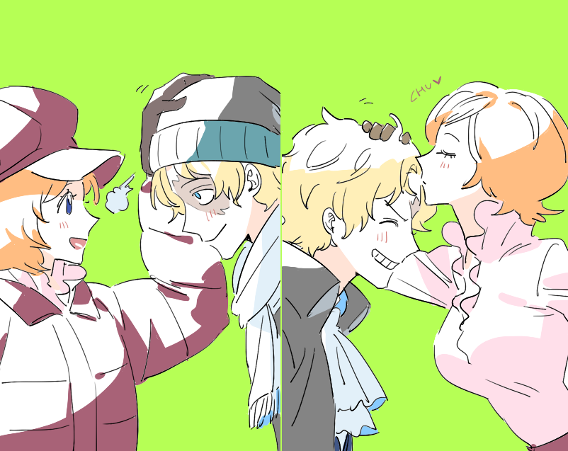 raine (acke2445), koala (one piece), sabo (one piece), one piece, commentary, english commentary, 1boy, 1girl, ascot, beanie, black jacket, blonde hair, blue eyes, blush, breasts, brown gloves, closed eyes, closed mouth, coat, collar, frilled collar, frills, from side, gloves, grin, hand on another's head, hat, hetero, jacket, kiss, kissing forehead, large breasts, multiple views, open mouth, orange hair, pink shirt, profile, puff of air, scar, scar on face, scarf, shirt, short hair, smile, upper body, white ascot, white scarf, winter clothes