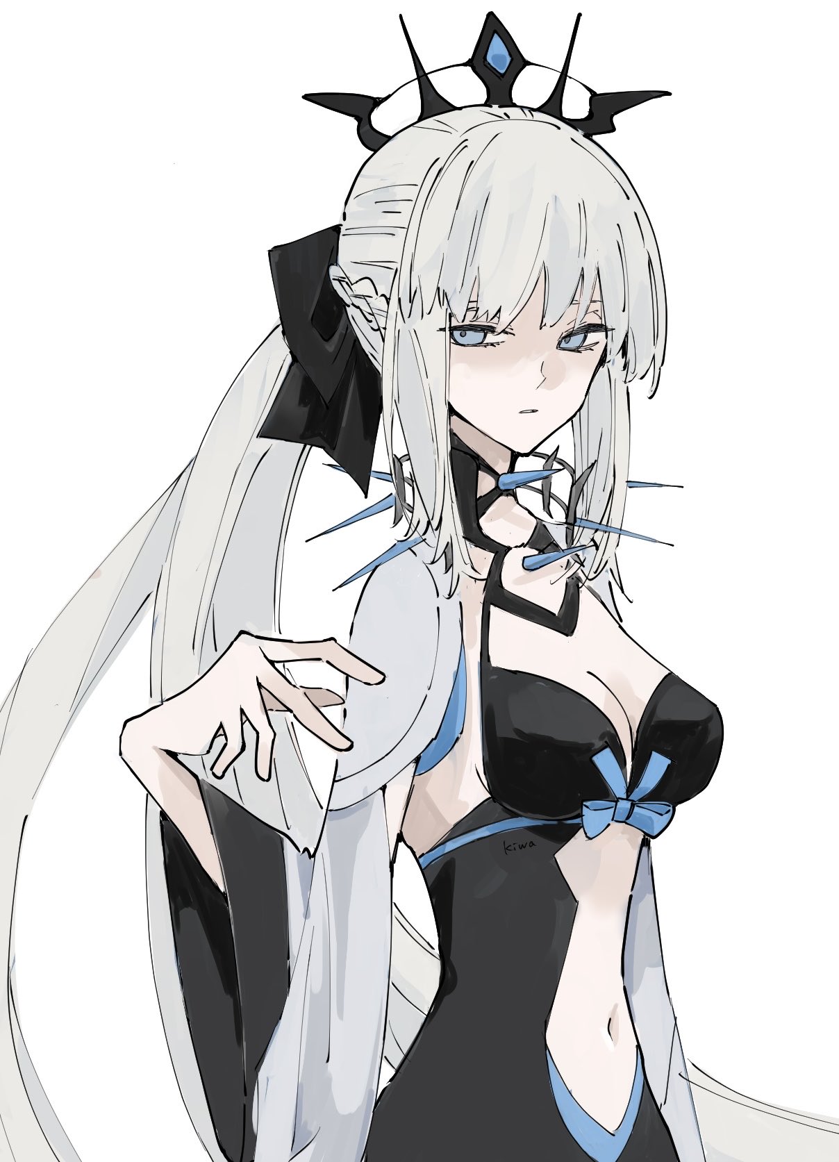ki wa001, morgan le fay (fate), morgan le fay (third ascension) (fate), fate/grand order, fate (series), commentary request, highres, 1girl, black bow, black tiara, blue eyes, bow, braid, breasts, cleavage, hair between eyes, hair bow, half up braid, long hair, looking at viewer, ponytail, simple background, solo, spikes, tiara, very long hair, white background, white hair