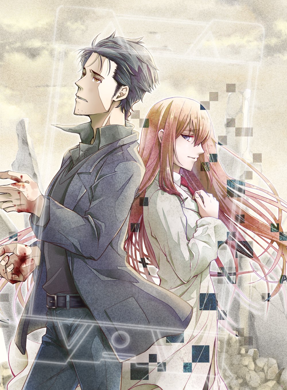 motomotosakana, makise kurisu, makise kurisu (amadeus), okabe rintarou, okabe rintarou (beta), science adventure, steins;gate, steins;gate 0, commentary request, highres, 1boy, 1girl, back-to-back, beard stubble, belt, belt buckle, black belt, black cardigan, black hair, black jacket, black pants, black shirt, blood, blood on hands, brown hair, buckle, cardigan, collared shirt, dress shirt, facial hair, jacket, lab coat, lapels, long hair, necktie, notched lapels, open clothes, open collar, open jacket, pants, purple eyes, red necktie, rubble, sad, shirt, stubble, yellow eyes