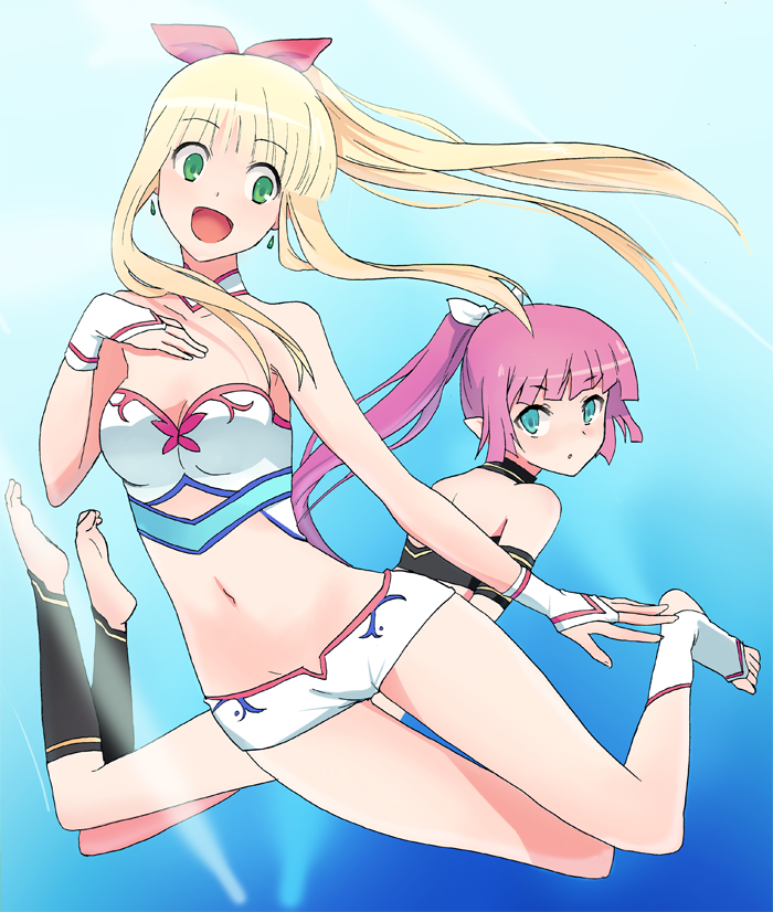 hyakuen raitaa, marin (marine-sky-earth), marin (umi monogatari), urin (umi monogatari), umi monogatari, bad id, bad pixiv id, 00s, 2girls, aqua eyes, barefoot, blonde hair, breasts, bustier, cleavage, earrings, feet, green eyes, hair ribbon, jewelry, lingerie, long hair, looking back, lowleg, lowleg panties, midriff, multiple girls, navel, open mouth, panties, pink hair, ponytail, ribbon, short shorts, shorts, swimsuit, tail, toeless legwear, underwater, underwear, water