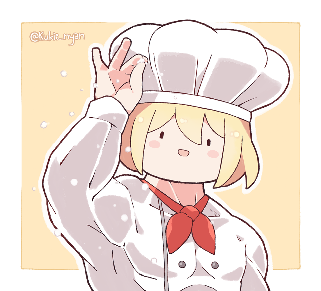 kukie-nyan, buffson, watson amelia, hololive, commentary, english commentary, 1girl, :d, blonde hair, blush, border, chef hat, hat, meme, open mouth, salt bae (meme), shirt, smile, solid eyes, solo, twitter username, virtual youtuber, white border, white shirt