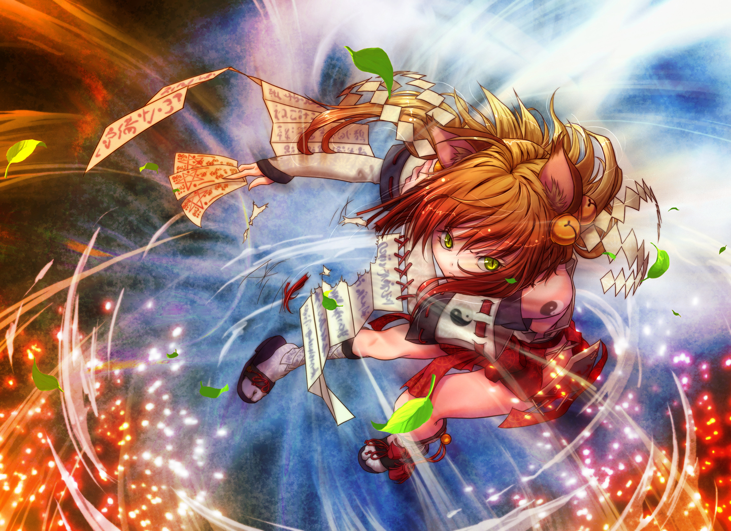 shiroi karasu, original, bad id, bad pixiv id, 1girl, adapted uniform, animal ears, attack, bell, cat ears, clothing cutout, detached sleeves, female focus, fighting stance, floating, foreshortening, hair bell, hair ornament, hip vent, japanese clothes, jingle bell, leaf, miko, ofuda, orange hair, shide, side slit, slippers, solo, tabi, wind, yellow eyes, yin yang