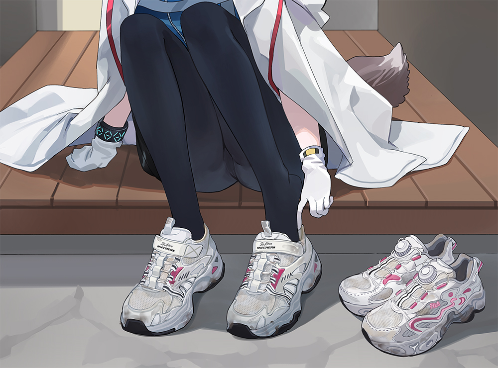 chuck (harfmoondark), sussurro (arknights), arknights, commentary request, adjusting footwear, black pantyhose, cloak, dirty, feet, foot focus, footwear focus, fox tail, gloves, open cloak, open clothes, pantyhose, shoes, sitting, sitting on stairs, sneakers, stairs, tail, unworn shoes, white gloves, white shoes