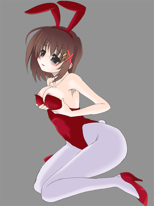 frapowa, yagami hayate, lyrical nanoha, mahou shoujo lyrical nanoha, mahou shoujo lyrical nanoha strikers, breast hold, 00s, 1girl, animal ears, armpits, blush, breast lift, breasts, fake animal ears, female focus, hair ornament, high heels, nipples, pantyhose, playboy bunny, rabbit ears, red shoes, shoes, solo, white pantyhose, x hair ornament