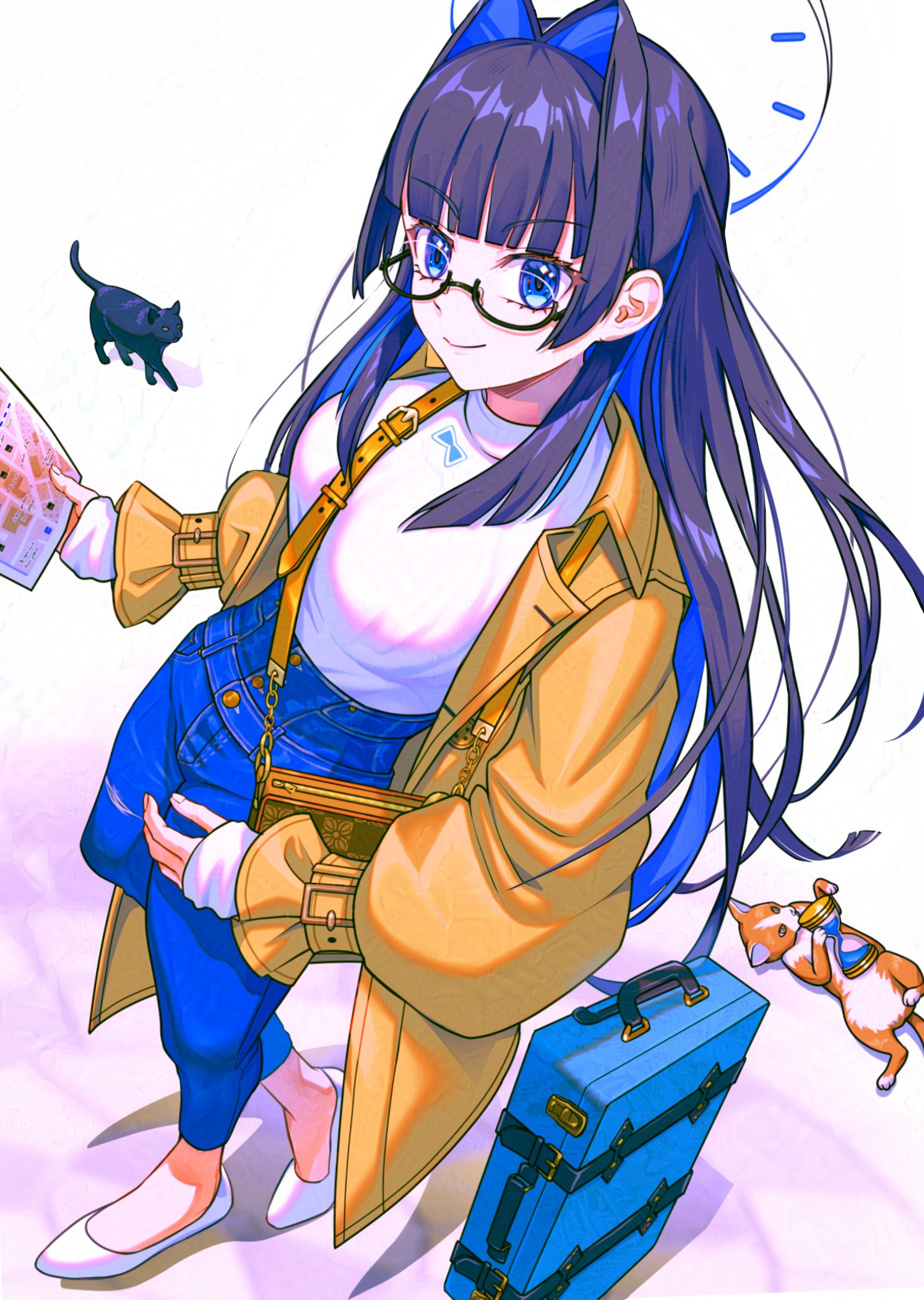 usakichiyuzu, ouro kronii, ouro kronii (casual), hololive, hololive english, commentary, english commentary, highres, 1girl, 2others, bag, blue eyes, blue hair, blunt bangs, breasts, buttons, cat, coat, denim, from above, glasses, halo, handbag, hourglass, jeans, large breasts, long coat, long hair, long sleeves, looking at viewer, map, multicolored hair, multiple others, pants, parted bangs, shirt, shoes, strap, two-tone hair, walking, white background, white shirt, white shoes, yellow coat