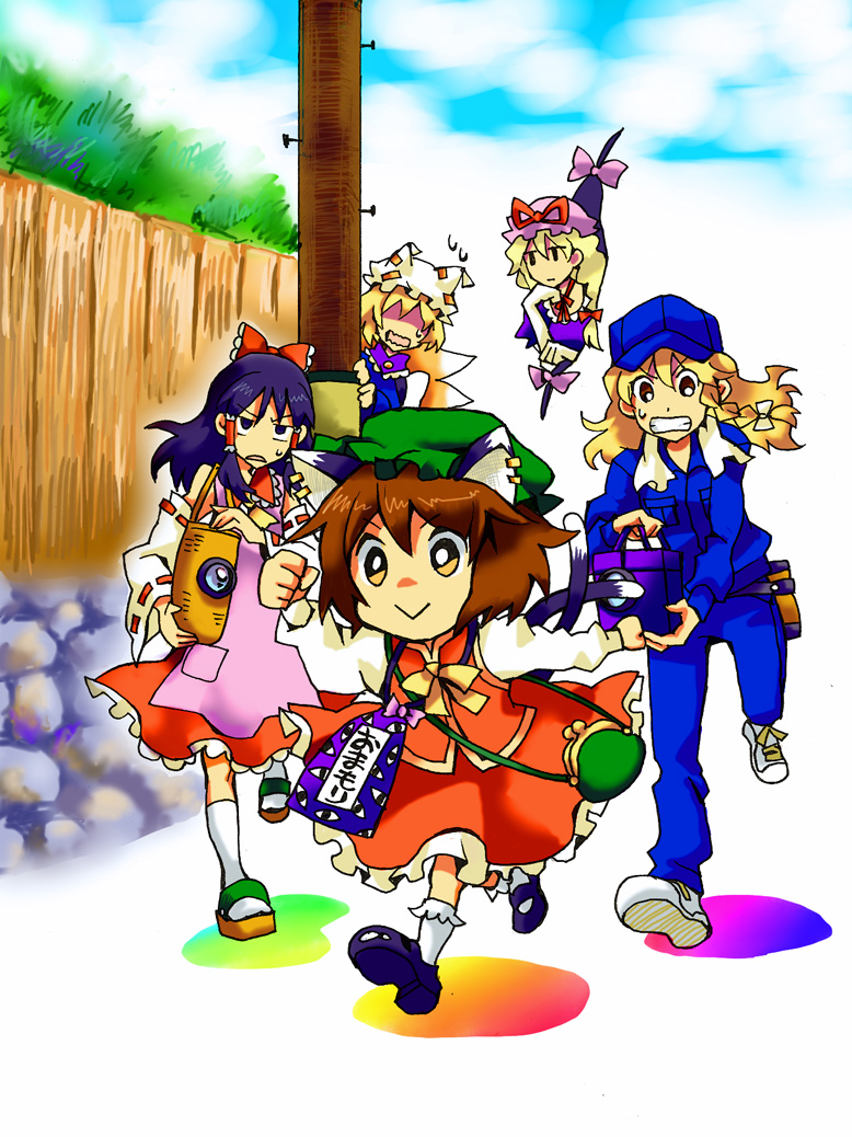 shinoasa, chen, hakurei reimu, kirisame marisa, yakumo ran, yakumo yukari, touhou, bad id, bad pixiv id, 5girls, :>, alternate costume, animal ears, animal hat, apron, black hair, blonde hair, bow, braid, brown hair, cat ears, cat girl, cat tail, coin purse, detached sleeves, earrings, elbow gloves, female focus, fox tail, gap (touhou), gloves, hair bow, hair tubes, hat, hat ribbon, japanese clothes, jewelry, long hair, long sleeves, miko, mob cap, multiple girls, multiple tails, open mouth, outdoors, puffy short sleeves, puffy sleeves, purple eyes, ribbon, sandals, shoes, short hair, short sleeves, socks, tail, tassel, utility pole, yellow eyes