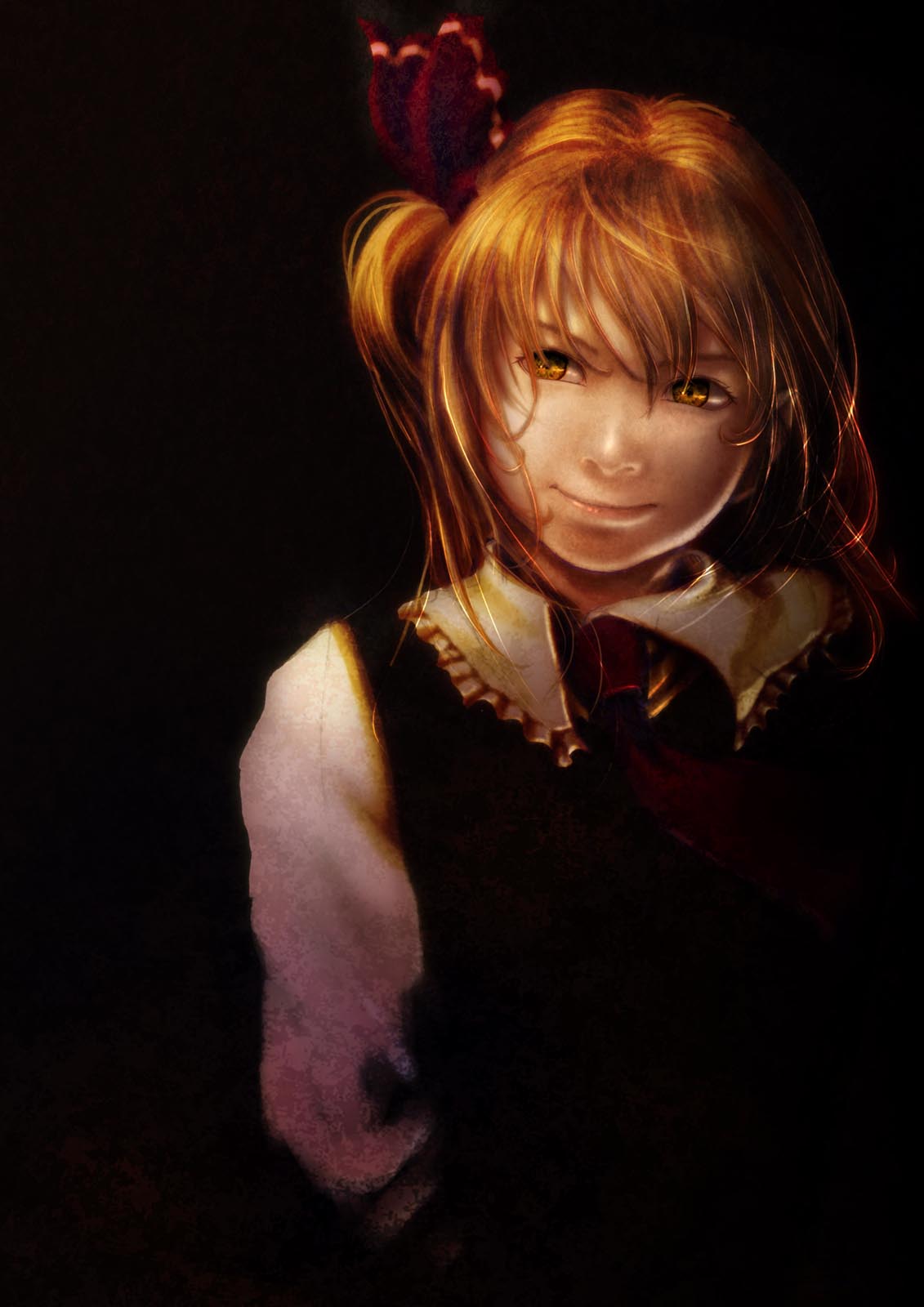 shiroi karasu, rumia, embodiment of scarlet devil, touhou, looking away, bad id, bad pixiv id, highres, 1girl, blonde hair, dark, female focus, frills, matching hair/eyes, orange eyes, orange hair, realistic, red eyes, ribbon, short hair, smirk, solo