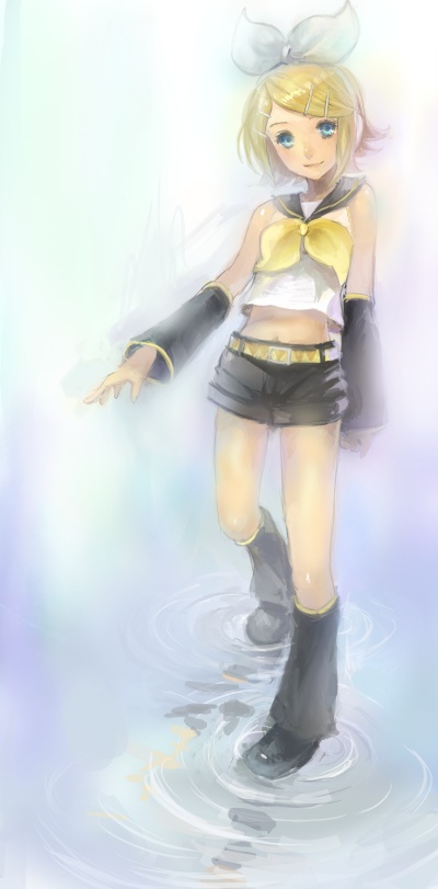 ris, kagamine rin, vocaloid, bad id, bad pixiv id, 1girl, blonde hair, female focus, gradient background, ripples, solo, water