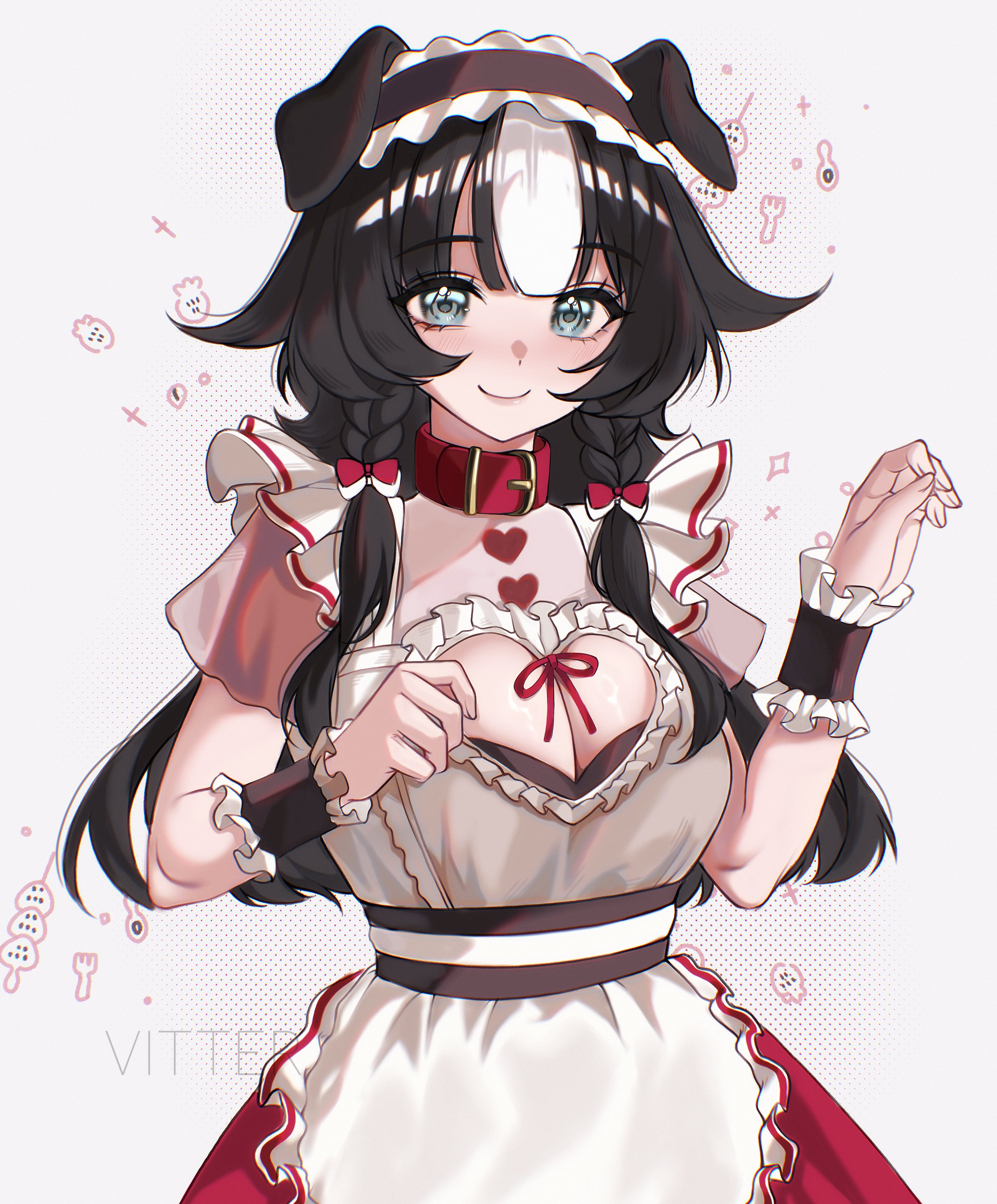 vitter, bibi biscuit, phase connect, absurdres, commentary, english commentary, highres, 1girl, animal collar, animal ears, apron, artist name, black hair, black wrist cuffs, bow, braid, breasts, cleavage cutout, closed mouth, clothing cutout, collar, dog ears, dog girl, frilled wrist cuffs, frills, hair bow, heart cutout, multicolored hair, red bow, red collar, red skirt, skirt, smile, solo, two-tone hair, virtual youtuber, white apron, white hair, wrist cuffs