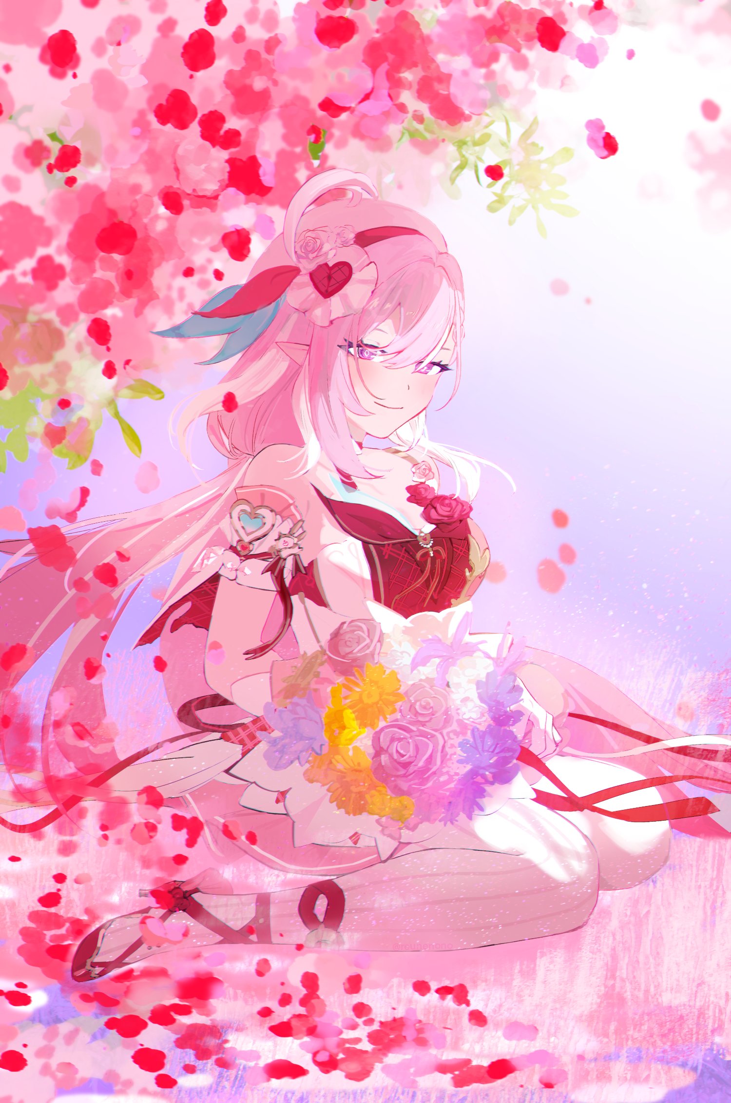 elysia (hi love elf) (honkai impact), elysia (honkai impact), honkai (series), honkai impact 3rd, commentary, english commentary, highres, 1girl, bare shoulders, beret, breasts, diamond-shaped pupils, diamond (shape), dress, elf, falling petals, hat, large breasts, long hair, looking at viewer, petals, pink hair, pointy ears, purple eyes, red dress, reunenono, smile, solo, symbol-shaped pupils, thighhighs, very long hair, white dress, white thighhighs