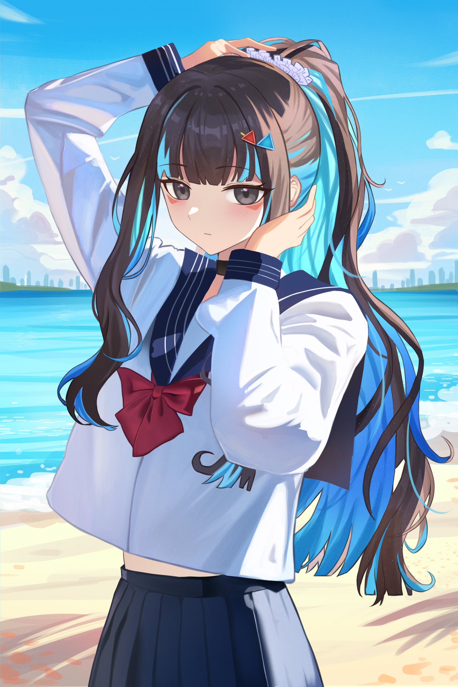 kaworu13, tenochtitlan (fate), tenochtitlan (third ascension) (fate), fate/grand order, fate (series), absurdres, commentary, highres, symbol-only commentary, 1girl, beach, black hair, blue hair, blue skirt, blush, grey eyes, long hair, looking at viewer, multicolored hair, ponytail, sand, school uniform, serafuku, shirt, sidelocks, skirt, solo, two-tone hair, white serafuku, white shirt