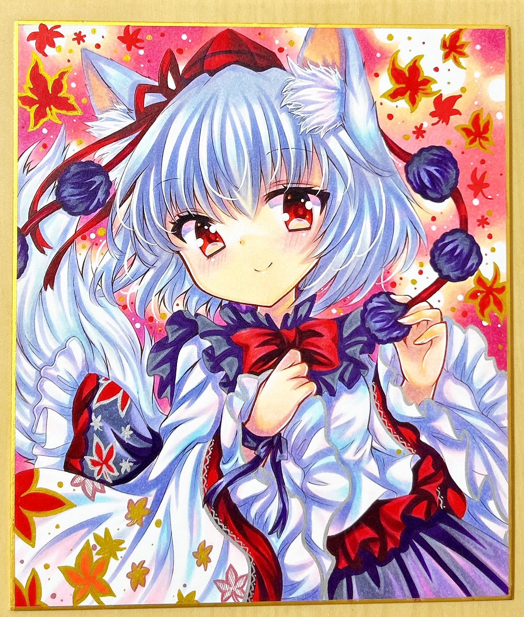 rui (sugar3), inubashiri momiji, touhou, commentary request, highres, marker (medium), traditional media, 1girl, animal ears, bow, bowtie, closed mouth, frilled shirt, frills, hat, leaf, leaf print, long sleeves, looking at viewer, maple leaf, pom pom (clothes), red bow, red bowtie, red eyes, red hat, shikishi, shirt, smile, solo, tail, tokin hat, upper body, white shirt, wolf ears, wolf girl, wolf tail