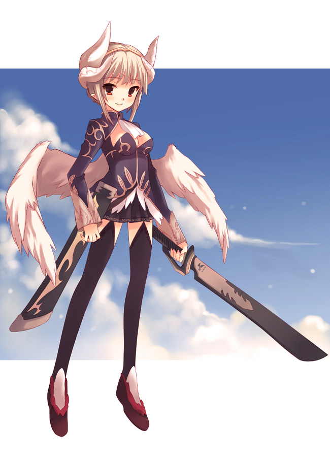 peach88, bad id, bad pixiv id, fantasy, hairband, horns, pointy ears, red eyes, skirt, smile, solo, sword, thighhighs, weapon, white hair, wings