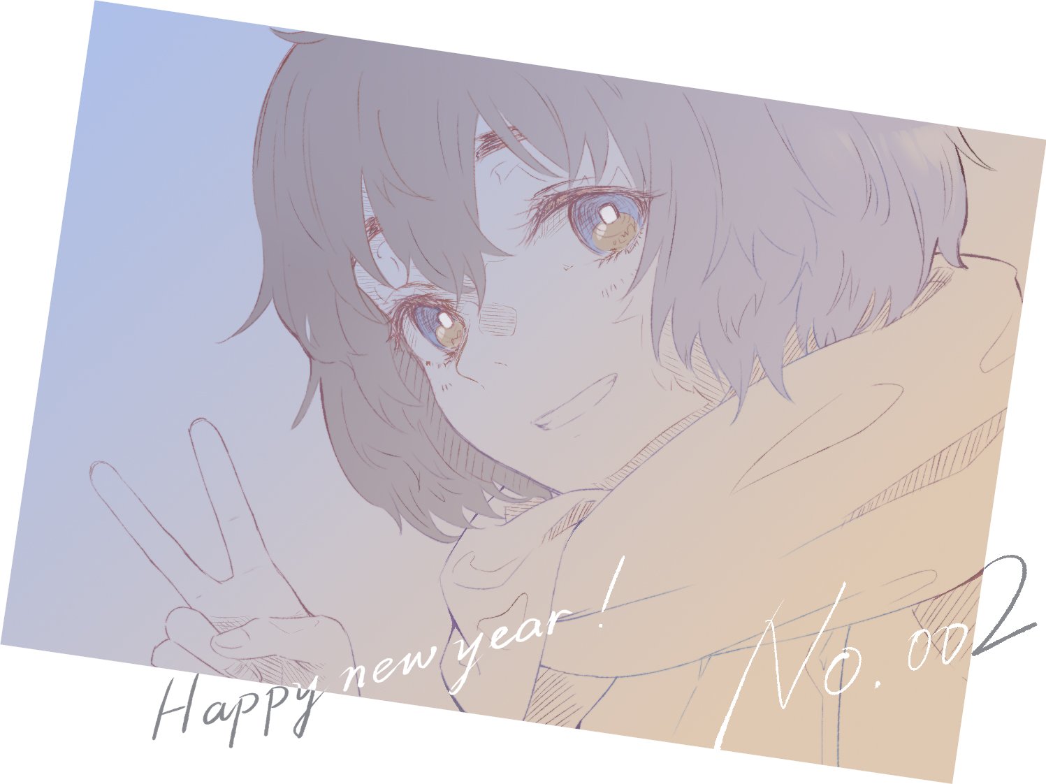 marsirome, shiina mayuri, science adventure, steins;gate, steins;gate 0, 1girl, aqua eyes, black hair, bob cut, grin, hair between eyes, happy new year, looking at viewer, new year, ringed eyes, scarf, short hair, smile, solo, square pupils, upper body, v, yellow scarf