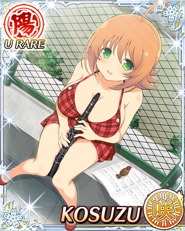 kosuzu (senran kagura), senran kagura, senran kagura new wave, game cg, official art, 1girl, ahoge, border, breasts, card (medium), chain-link fence, character name, clarinet, cleavage, dress, english text, fence, green eyes, holding, holding instrument, instrument, large breasts, looking at viewer, medium hair, official alternate costume, on rooftop, open mouth, orange hair, plaid clothes, plaid dress, red dress, sitting, smile, solo