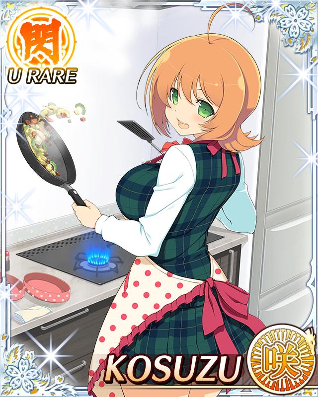 kosuzu (senran kagura), senran kagura, senran kagura new wave, game cg, official art, 1girl, ahoge, ankle socks, apron, black socks, border, bow, bowtie, breasts, card (medium), character name, cooking, english text, from behind, frying pan, green eyes, green skirt, green vest, large breasts, long sleeves, looking at viewer, medium hair, official alternate costume, open mouth, orange hair, plaid clothes, plaid skirt, plaid vest, red bow, red bowtie, sakigei municipal academy school uniform, school uniform, shirt, skirt, smile, socks, solo, spatula, stove, vest, white shirt