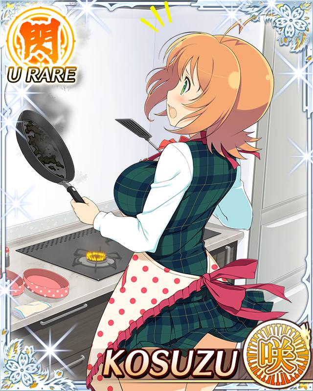 kosuzu (senran kagura), senran kagura, senran kagura new wave, game cg, official art, 1girl, ahoge, ankle socks, apron, black socks, border, bow, bowtie, breasts, burnt food, card (medium), character name, english text, from behind, frying pan, green eyes, green skirt, green vest, holding, holding frying pan, large breasts, long sleeves, medium hair, official alternate costume, open mouth, orange hair, plaid clothes, plaid skirt, plaid vest, red bow, red bowtie, sakigei municipal academy school uniform, school uniform, shirt, skirt, socks, solo, spatula, stove, surprised, vest, white shirt