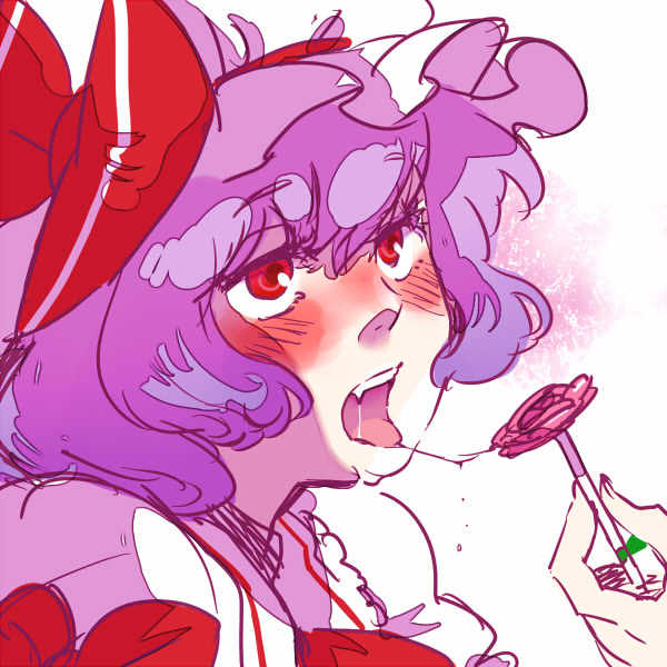 yukataro, remilia scarlet, touhou, 1girl, blush, candy, female focus, food, licking, lollipop, red eyes, saliva, saliva trail, sexually suggestive, shaped lollipop, short hair, sketch, solo, white background