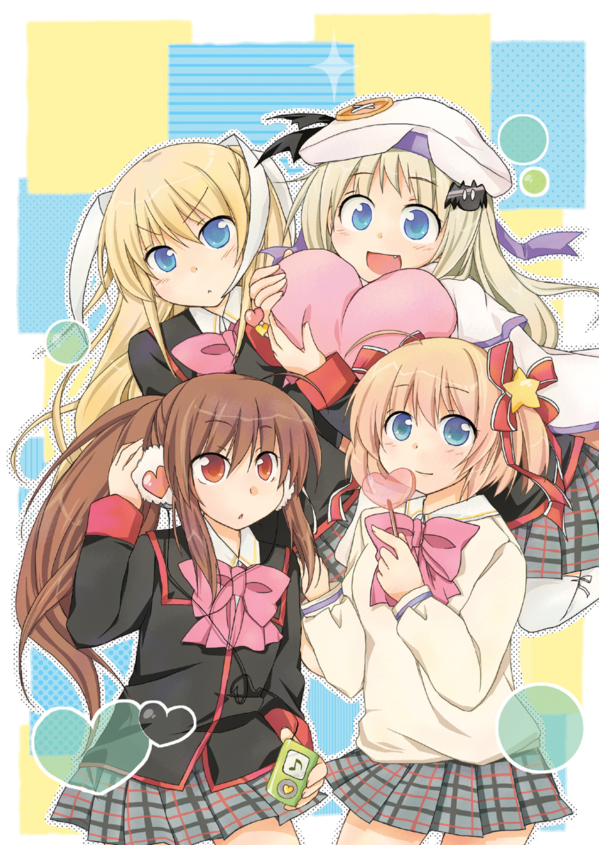 furui suguri, kamikita komari, natsume rin, noumi kudryavka, tokido saya, little busters!, bad id, bad pixiv id, highres, 4girls, bow, candy, food, heart, lollipop, multiple girls, pink bow