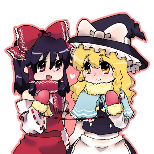 kamiya zuzu, hakurei reimu, kirisame marisa, perfect cherry blossom, touhou, bad id, bad pixiv id, lowres, 2girls, black hair, blonde hair, bow, braid, detached sleeves, female focus, hair bow, hat, japanese clothes, miko, mittens, multiple girls, red eyes, scarf, shared mittens, short hair, witch, witch hat, yellow eyes