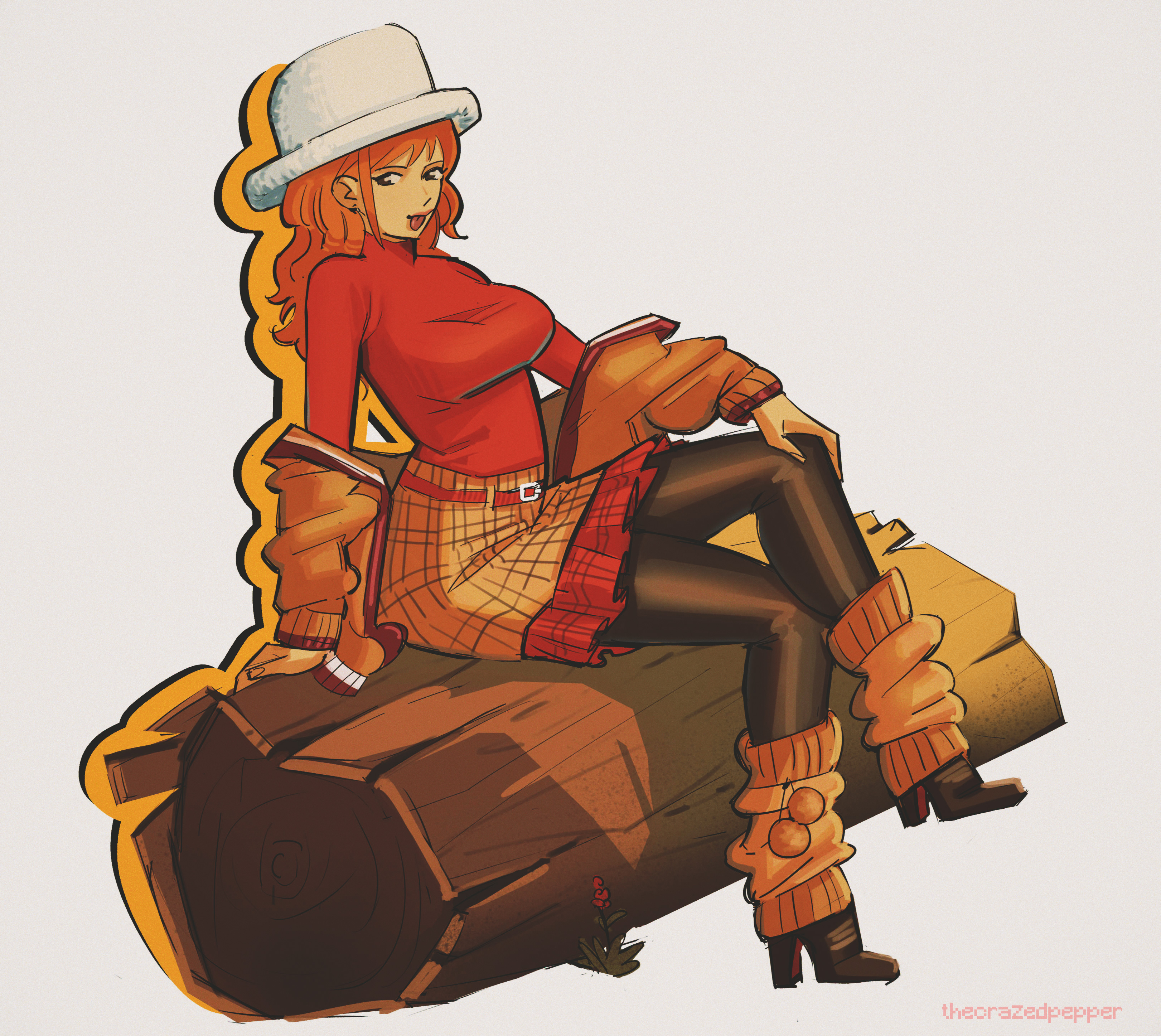 shabexzart, nami (one piece), one piece, absurdres, commentary, english commentary, highres, 1girl, arm support, belt, belt buckle, black pantyhose, black shoes, breasts, brown cardigan, brown skirt, brown socks, buckle, cardigan, checkered clothes, checkered skirt, drop shadow, full body, grey background, hand on own knee, hat, high heels, large breasts, log, long hair, long sleeves, looking at viewer, loose socks, official alternate costume, open cardigan, open clothes, orange hair, pantyhose, red sweater, shoes, sitting, sitting on log, skirt, socks, solo, sweater, tongue, tongue out, turtleneck, turtleneck sweater, twitter username, wavy hair, white hat