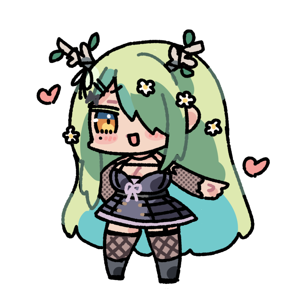 hosoi kouzou, ceres fauna, ceres fauna (goth), hololive, hololive english, commentary, commentary request, english commentary, highres, mixed-language commentary, 1girl, antlers, black shoes, black thighhighs, blush, breasts, chibi, chibi only, dress, fishnet thighhighs, fishnets, flower, full body, garter straps, green hair, hair flower, hair ornament, hair over one eye, heart, horns, long hair, official alternate costume, official alternate hairstyle, purple dress, shoes, simple background, single garter strap, solo, thighhighs, very long hair, virtual youtuber, white background, white flower, yellow eyes