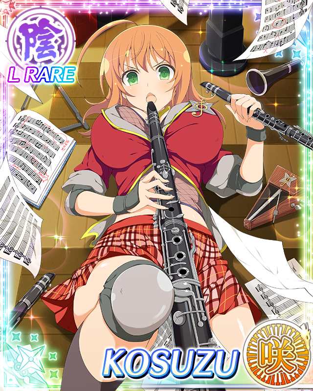 kosuzu (senran kagura), senran kagura, senran kagura new wave, game cg, official art, 1girl, :o, ahoge, ankle socks, armor, border, breasts, card (medium), chainmail, character name, clarinet, dual wielding, elbow pads, english text, fishnets, green eyes, holding, holding instrument, instrument, jacket, knee pads, knee up, large breasts, looking at viewer, lying, medium hair, metronome, midriff, official alternate costume, on back, orange hair, plaid clothes, plaid skirt, red jacket, red skirt, sheet music, skirt, socks, solo