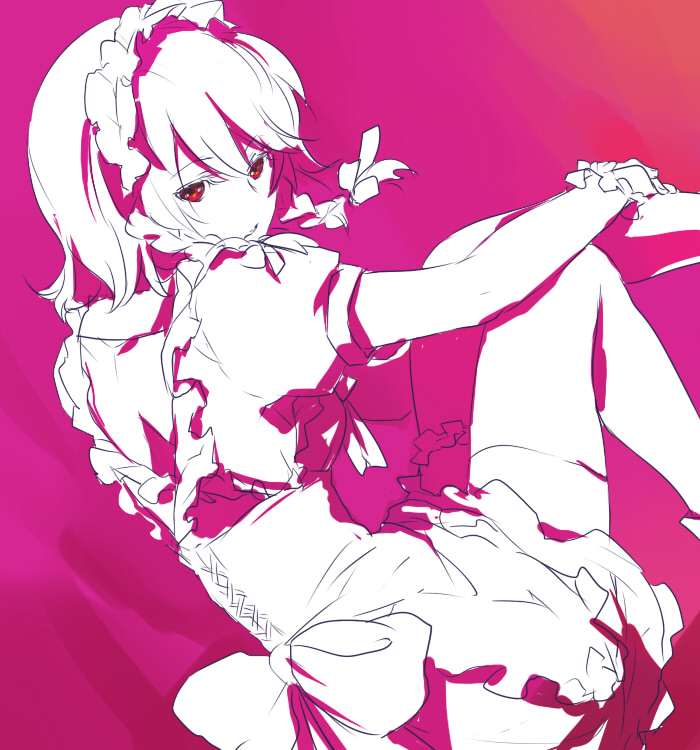 akaya (rednight dd), izayoi sakuya, touhou, 1girl, braid, female focus, maid, maid headdress, monochrome, pink theme, red eyes, short hair, solo, twin braids