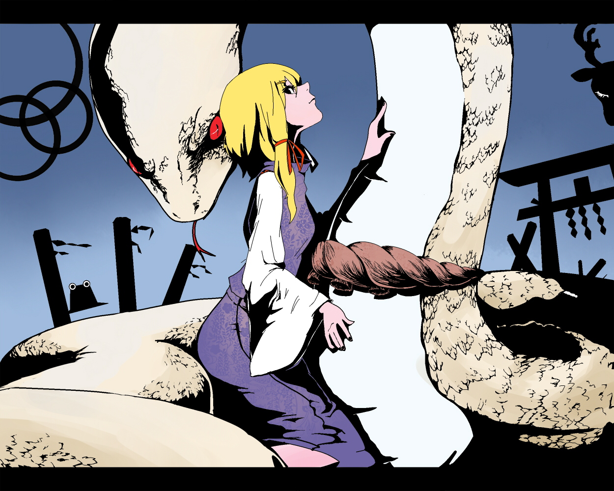 motsuni (artist), mishaguji, moriya suwako, pyonta, yasaka kanako, touhou, 1girl, animal, blonde hair, female focus, hat, letterboxed, short hair, snake, solo