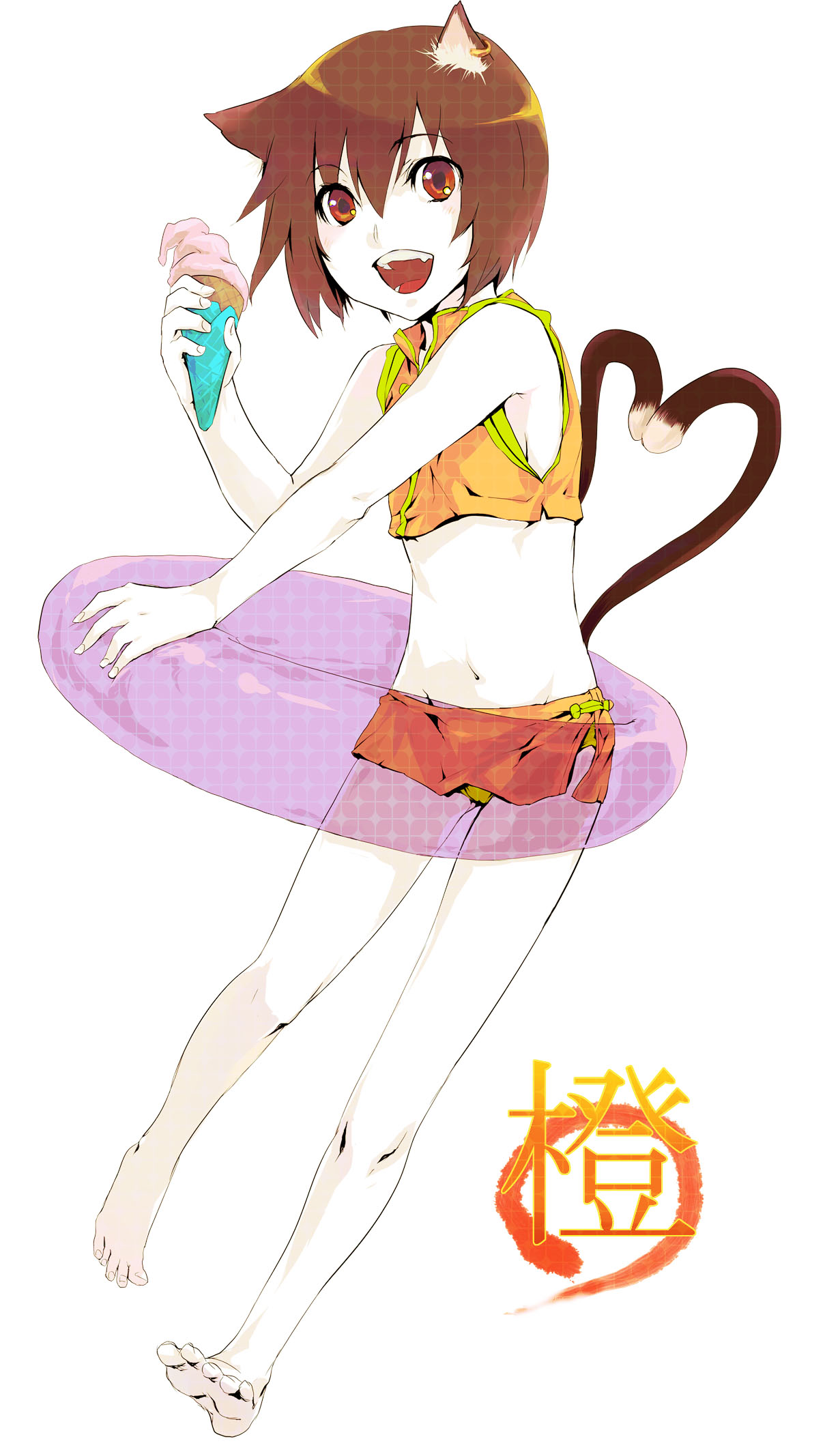 akaya (rednight dd), chen, touhou, highres, 1girl, animal ears, barefoot, cat ears, cat girl, cat tail, earrings, fangs, feet, female focus, flat chest, food, happy, heart, heart tail, ice cream, indoors, innertube, jewelry, short hair, smile, solo, swim ring, tail, white background