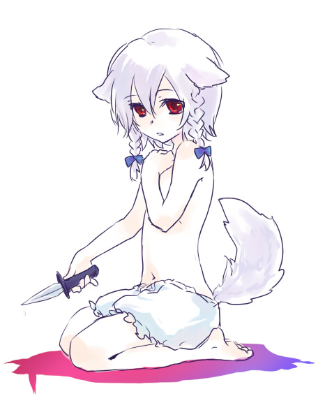 akaya (rednight dd), inu sakuya (nejikirio), izayoi sakuya, touhou, silver hair, 1girl, animal ears, barefoot, bloomers, braid, dog ears, dog tail, female focus, hair ribbon, kemonomimi mode, knife, navel, red eyes, ribbon, sitting, solo, tail, topless female, twin braids, underwear, underwear only, wariza, white bloomers
