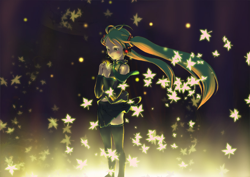 shiroi karasu, hatsune miku, vocaloid, 1girl, aqua eyes, aqua hair, black thighhighs, blush, dark, detached sleeves, female focus, glowing, leaf, long hair, multicolored hair, necktie, solo, thighhighs, twintails, two-tone hair