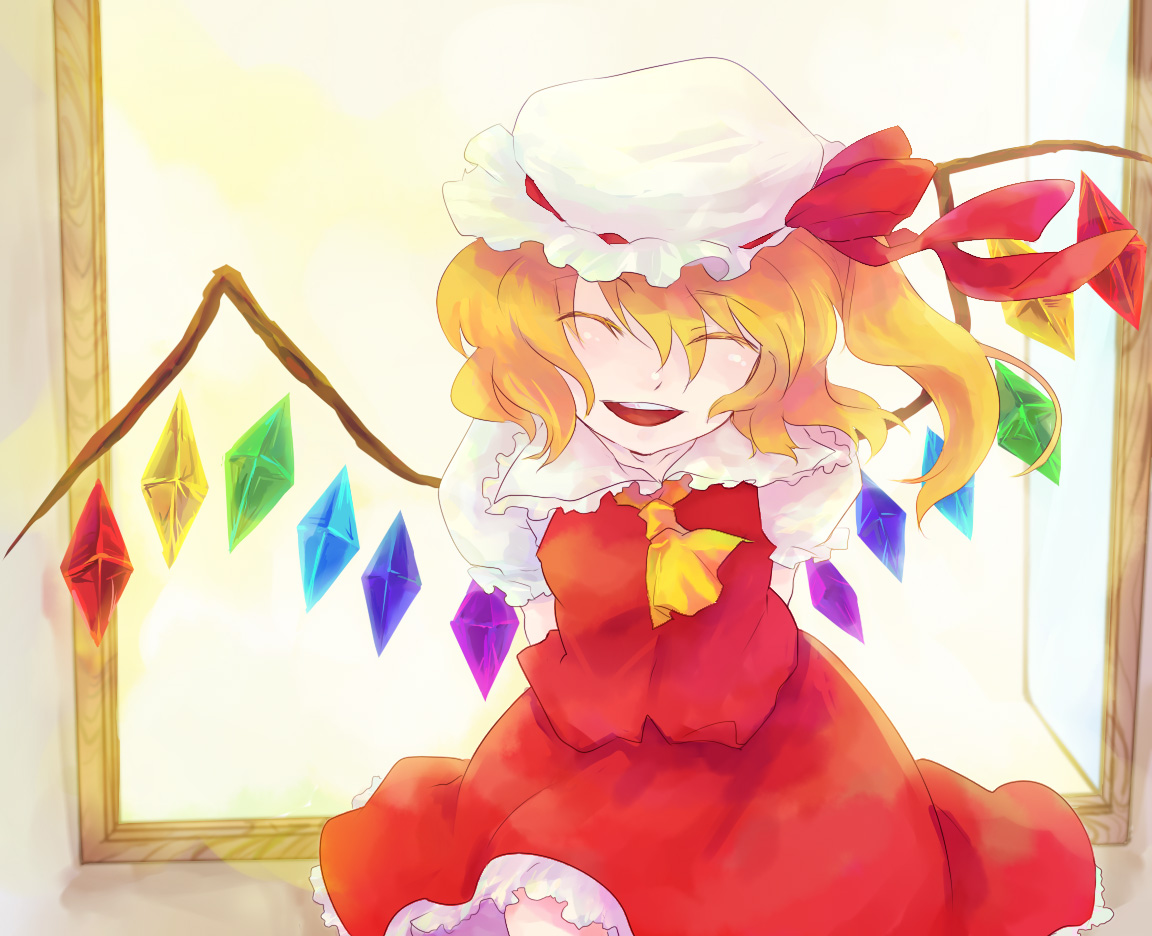 akaya (rednight dd), flandre scarlet, touhou, 1girl, blonde hair, blouse, collared shirt, female focus, happy, hat, indoors, mob cap, ribbon, shirt, sitting, solo, white hat, white shirt, wings