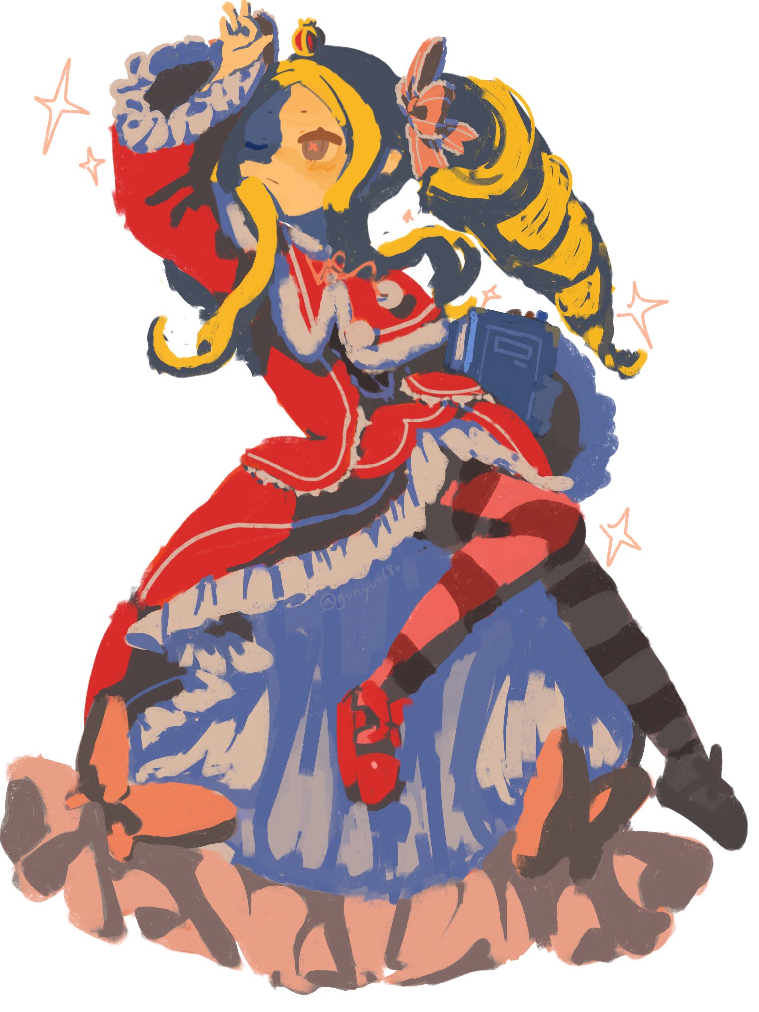 beatrice (re:zero), re:zero kara hajimeru isekai seikatsu, commentary request, highres, 1girl, blonde hair, blue eyes, book, bow, butterfly-shaped pupils, capelet, closed mouth, crown, dress, drill hair, gunyuu180, hair bow, hand on own head, holding, holding book, looking up, mini crown, pink ribbon, red capelet, red dress, ribbon, sidelocks, symbol-shaped pupils, twin drills, white background