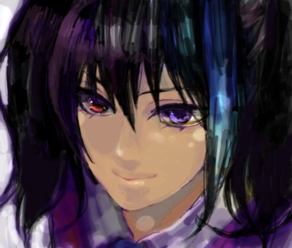 caracoro, yokune ruko, utau, vocaloid, 1girl, black hair, blue eyes, close-up, female focus, heterochromia, realistic, red eyes, smile, solo, twintails