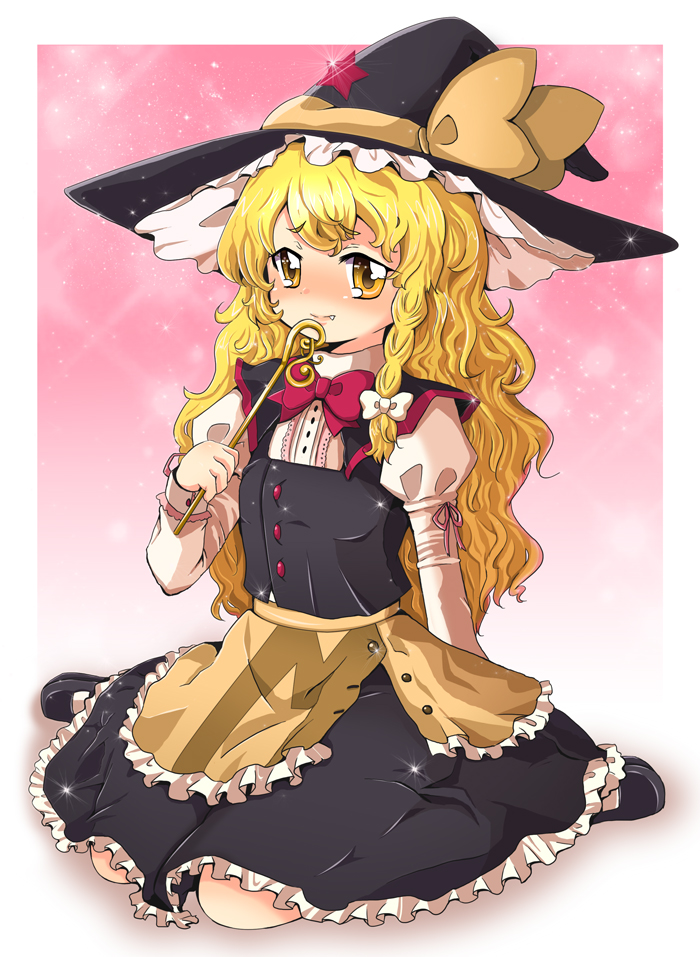 kamiya zuzu, kirisame marisa, touhou, bad id, bad pixiv id, 1girl, apron, blonde hair, blush, bow, bowtie, braid, fang, female focus, hat, long hair, solo, waist apron, wand, witch, witch hat, yellow eyes