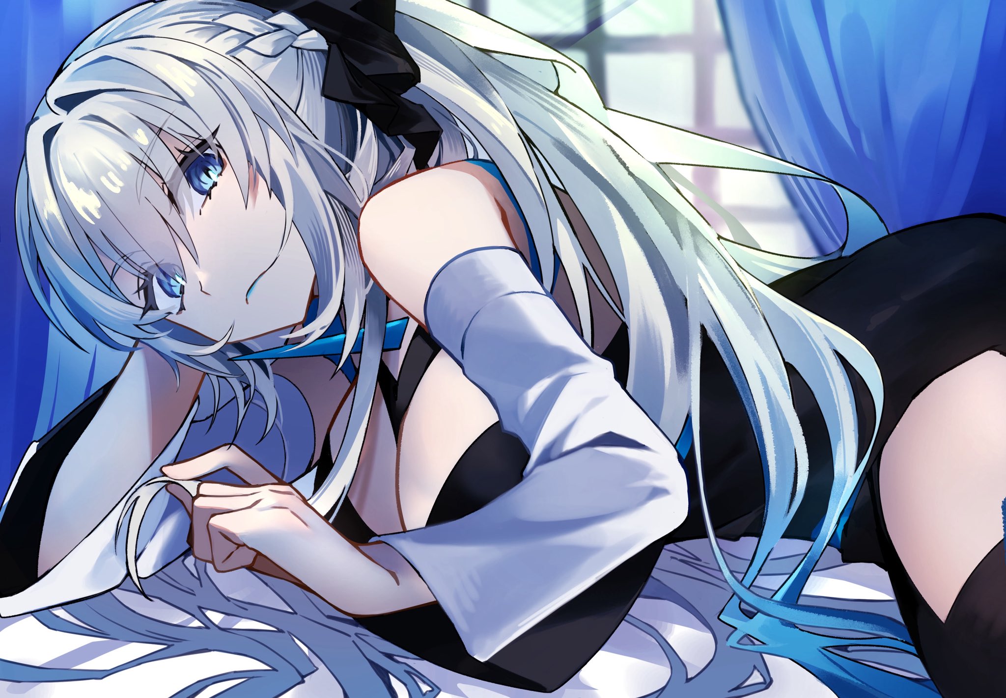 ma ple, morgan le fay (fate), morgan le fay (third ascension) (fate), fate/grand order, fate (series), commentary request, highres, 1girl, blue eyes, bow, braid, hair between eyes, hair bow, half up braid, long hair, looking at viewer, ponytail, very long hair, white hair