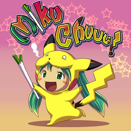 shiroi karasu, hatsune miku, pikachu, nintendo, pokemon, vocaloid, bad id, bad pixiv id, 1girl, aqua eyes, aqua hair, blush, chibi, cosplay, costume, female focus, gen 1 pokemon, multicolored hair, pikachu (cosplay), running, solo, spring onion, star (symbol), two-tone hair