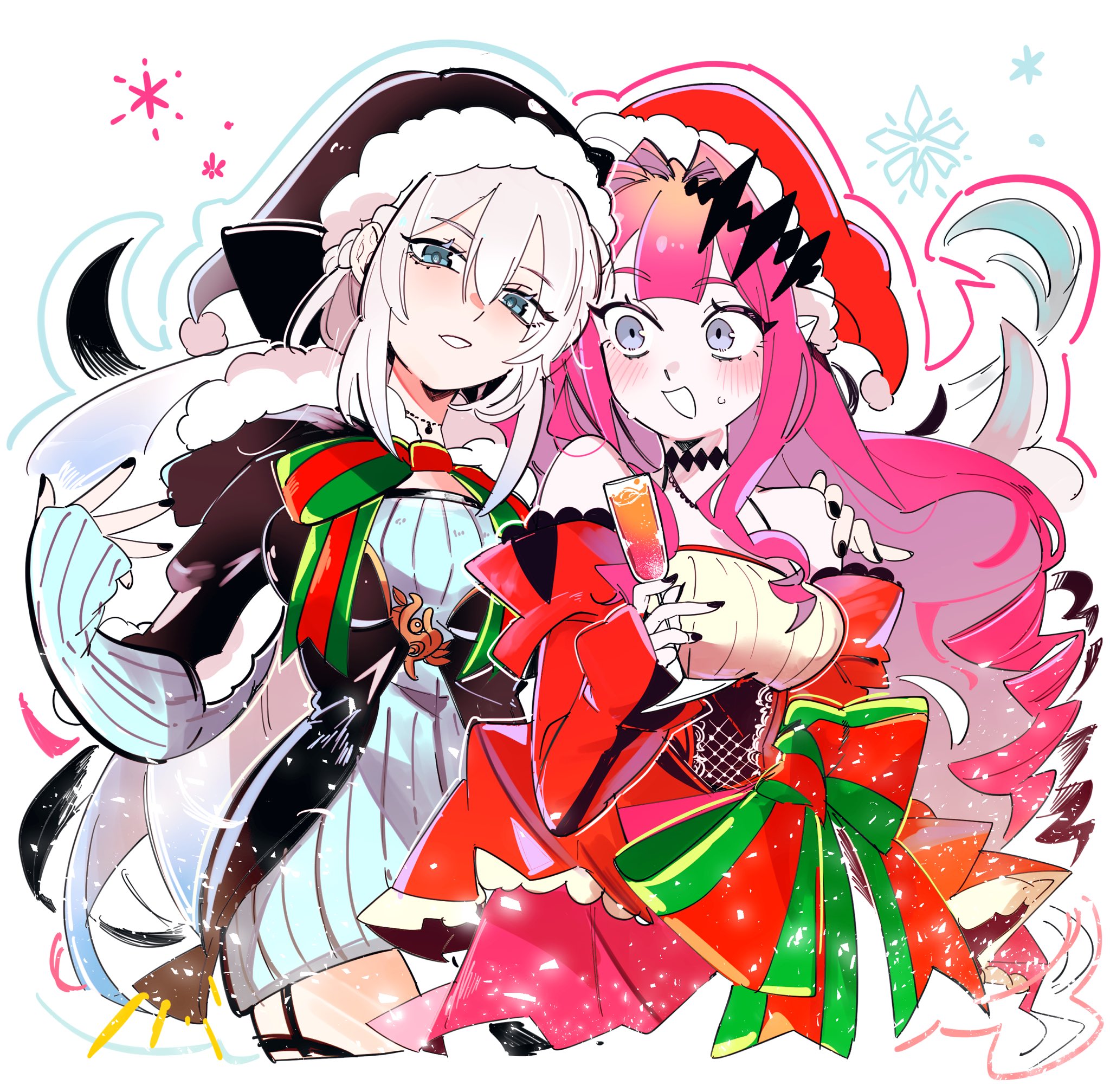 kuriimu0203, baobhan sith (fate), morgan le fay (fate), fate/grand order, fate (series), commentary request, highres, 2girls, blue eyes, blush, bow, grey eyes, hair between eyes, hair bow, hat, long hair, looking at viewer, mother and daughter, multiple girls, nail polish, open mouth, pink hair, pointy ears, ponytail, santa hat, simple background, very long hair, white background