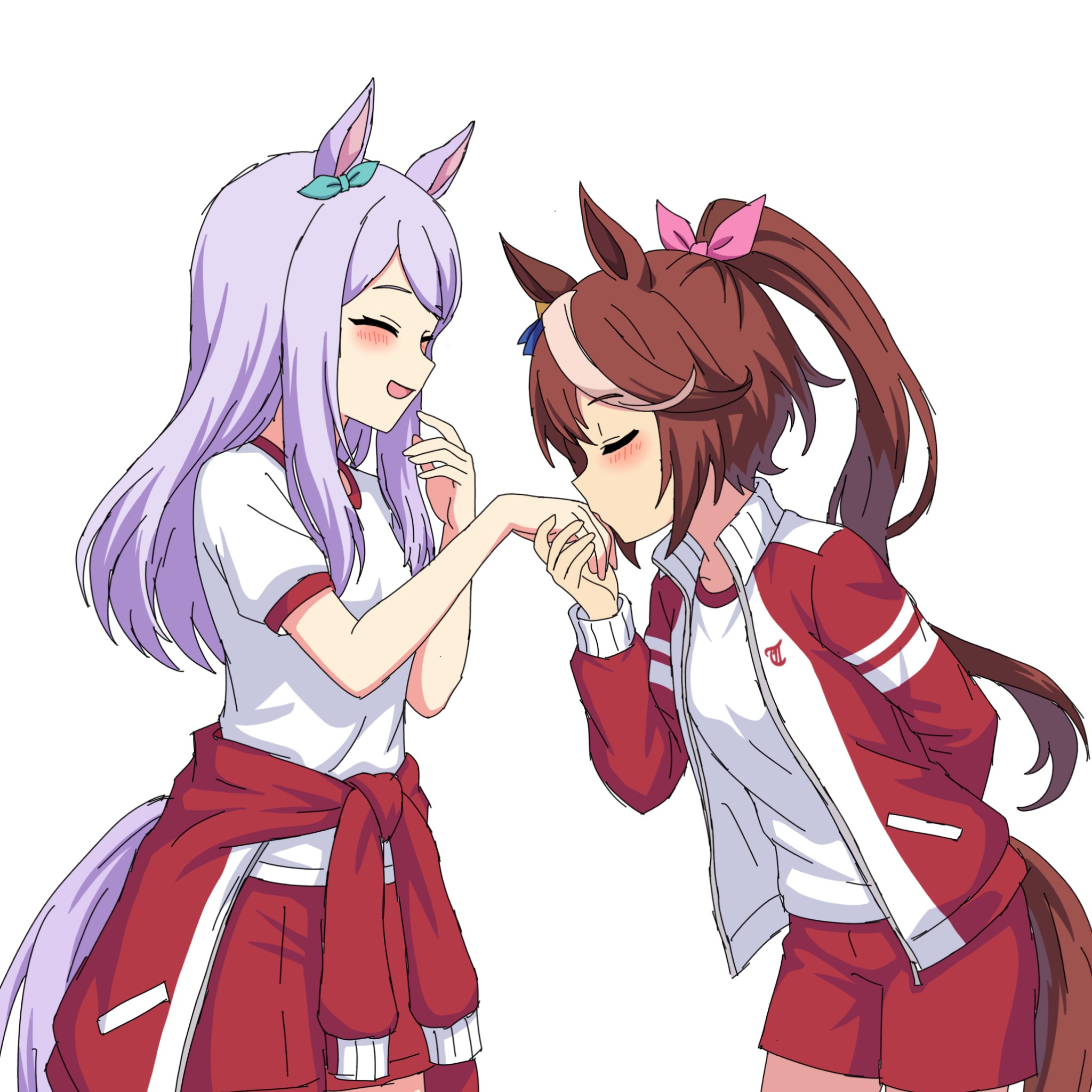mejiro mcqueen (umamusume), tokai teio (umamusume), umamusume, highres, 2girls, animal ears, aqua bow, blush, bow, brown hair, clothes around waist, ear bow, ear ornament, gym shirt, gym uniform, high ponytail, horse ears, horse girl, horse tail, jacket, kiss, kissing hand, long hair, long sleeves, multicolored hair, multiple girls, open mouth, pants, ponytail, purple hair, red jacket, red pants, red shorts, red track suit, sakuraji rai, shirt, shorts, smile, streaked hair, tail, tracen training uniform, track jacket, track pants, track suit, two-tone hair, white hair, yuri
