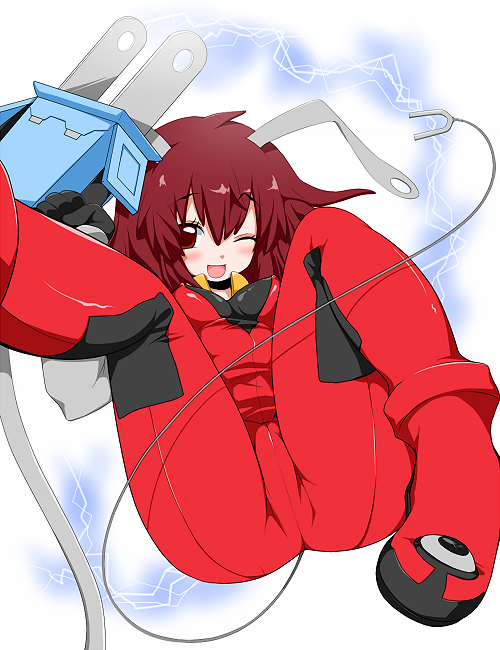 tyobimiru, plug cryostat, fight ippatsu! juuden-chan!!, bad id, bad pixiv id, 00s, 1girl, blush, bodysuit, breasts, covered erect nipples, electric plug, female focus, latex, shiny clothes, skin tight, small breasts, solo