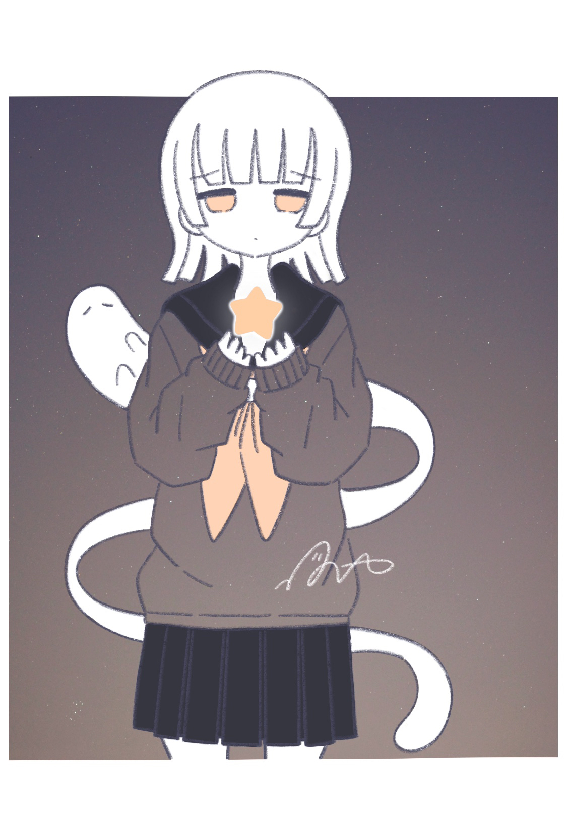 omochi noa, original, commentary request, highres, 1girl, black sailor collar, black skirt, border, cowboy shot, cupping hands, ghost, long sleeves, miniskirt, neckerchief, outside border, own hands together, pleated skirt, sailor collar, school uniform, serafuku, signature, skirt, standing, star (symbol), white border, yellow eyes, yellow neckerchief