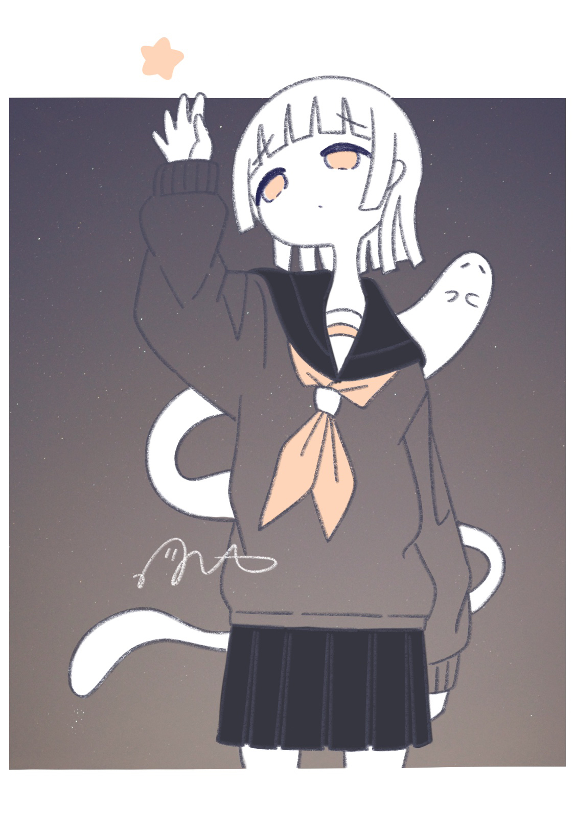 omochi noa, original, commentary request, highres, revision, 1girl, arm up, black sailor collar, black skirt, border, cowboy shot, ghost, long sleeves, miniskirt, neckerchief, outside border, pleated skirt, reaching, sailor collar, school uniform, serafuku, signature, skirt, standing, star (symbol), white border, yellow eyes, yellow neckerchief