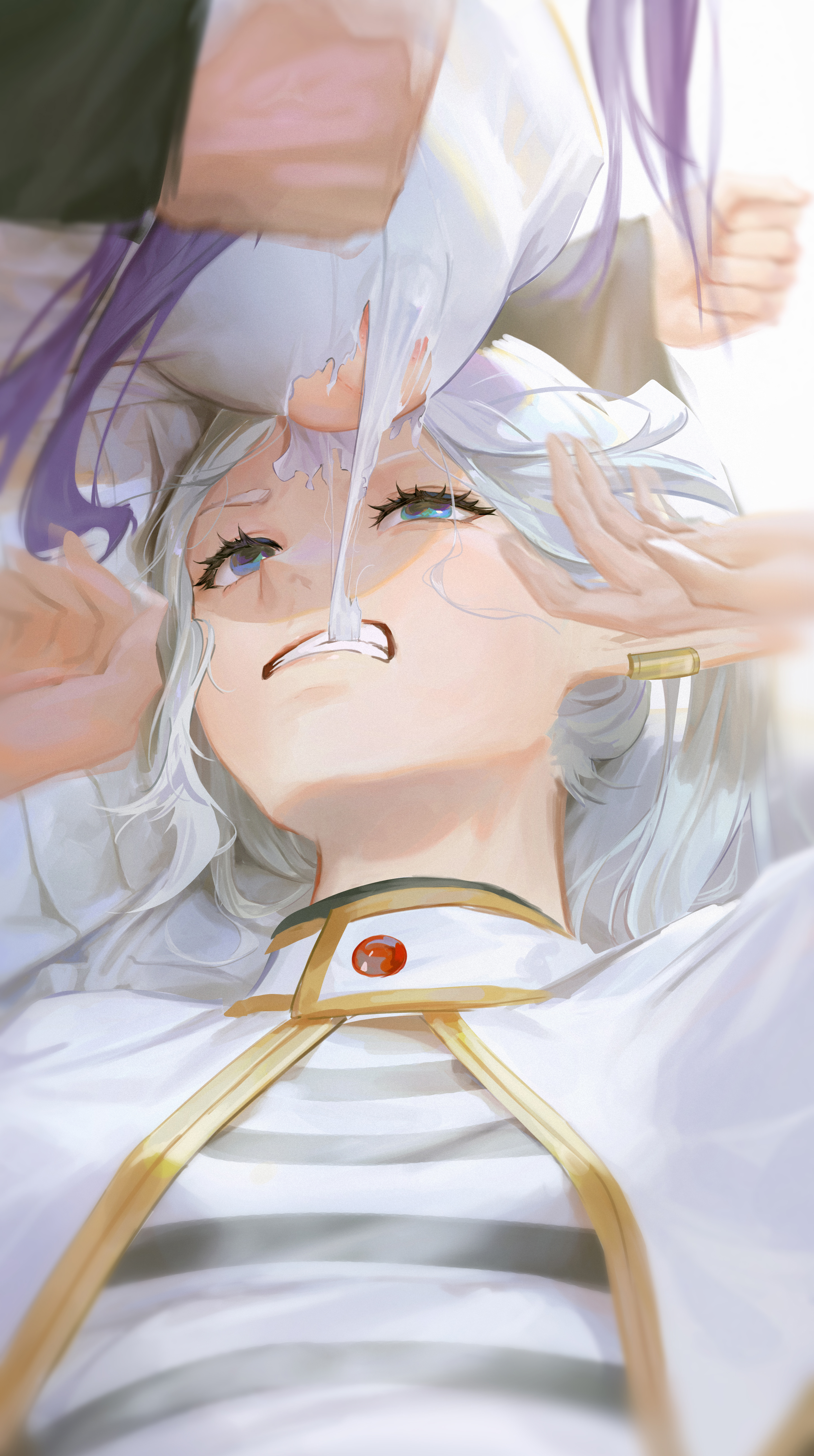 world (1257843324), fern (sousou no frieren), frieren, sousou no frieren, absurdres, commentary request, highres, 2girls, areola slip, assisted exposure, biting, biting clothes, black coat, black robe, breasts, capelet, clenched hands, clenched teeth, coat, covered erect nipples, dress, elf, green eyes, large breasts, long hair, lying, multiple girls, on back, out of frame, pointy ears, purple hair, robe, straight hair, teeth, twintails, white capelet, white dress, white hair