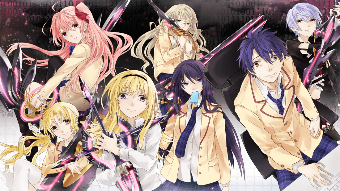 kyo zip, aoi sena, kishimoto ayase, kusunoki yua, nishijou nanami, nishijou takumi, orihara kozue, sakihata rimi, chaos;head, phantasm, science adventure, spoilers, 1boy, 6+girls, ahoge, amputee, bandaged hand, bandages, binary, biting own lip, black hairband, blazer, blonde hair, blue hair, bow, bowtie, brown jacket, clenched teeth, collared shirt, d-sword, dress shirt, everyone, expressionless, food, food in mouth, glasses, glowing, glowing sword, glowing weapon, goth fashion, green eyes, green hair, hair bow, hair ornament, hairband, hairpin, holding, holding sword, holding weapon, jacket, jewelry, lapels, loose necktie, miniskirt, missing limb, multiple girls, necklace, necktie, nervous sweating, no jacket, notched lapels, one side up, open collar, over shoulder, pants, pink eyes, pink hair, plaid bow, plaid bowtie, plaid clothes, plaid necktie, plaid pants, plaid skirt, pleated skirt, popsicle, popsicle in mouth, purple bow, purple bowtie, purple eyes, purple hair, purple pants, purple skirt, school emblem, school uniform, serious, shirt, skirt, smile, suimei academy school uniform, sweat, sword, sword over shoulder, teeth, thighhighs, weapon, weapon over shoulder, white shirt, white thighhighs, worried, yellow eyes