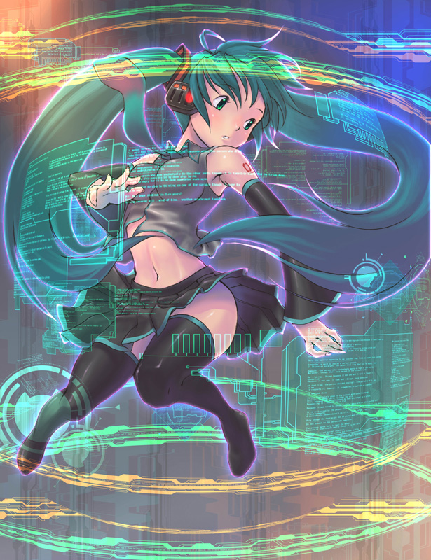 shiroi karasu, hatsune miku, vocaloid, looking away, bad id, bad pixiv id, 1girl, aqua eyes, aqua hair, augmented reality, black thighhighs, detached sleeves, female focus, long hair, midriff, necktie, solo, thighhighs, twintails