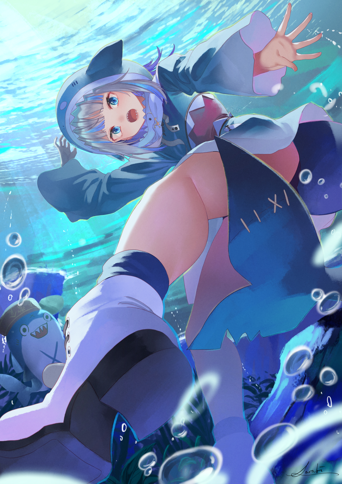 saraki, bloop (gawr gura), gawr gura, gawr gura (1st costume), hololive, hololive english, commentary request, highres, 1girl, animal hood, ass, blue eyes, blue hair, blue hoodie, blurry, depth of field, fins, fish tail, hood, hoodie, long sleeves, multicolored hair, shark girl, shark hood, shark tail, sharp teeth, shoes, solo, streaked hair, submerged, tail, teeth, virtual youtuber, white hair, white shoes